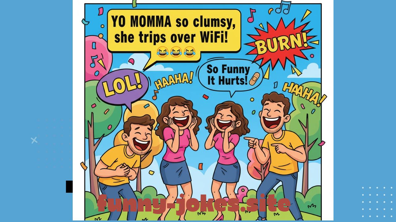A vibrant, cartoon-style scene featuring a group of friends bursting into laughter while sharing hilarious “Yo Momma” jokes. The background includes playful comic elements like colorful speech bubbles saying “LOL,” “Burn!,” and “So Funny It Hurts!” with exaggerated laughing expressions. The mood is energetic, fun, and silly — bright colors, dynamic poses, and a cheerful, lighthearted atmosphere that captures pure comedy and joy