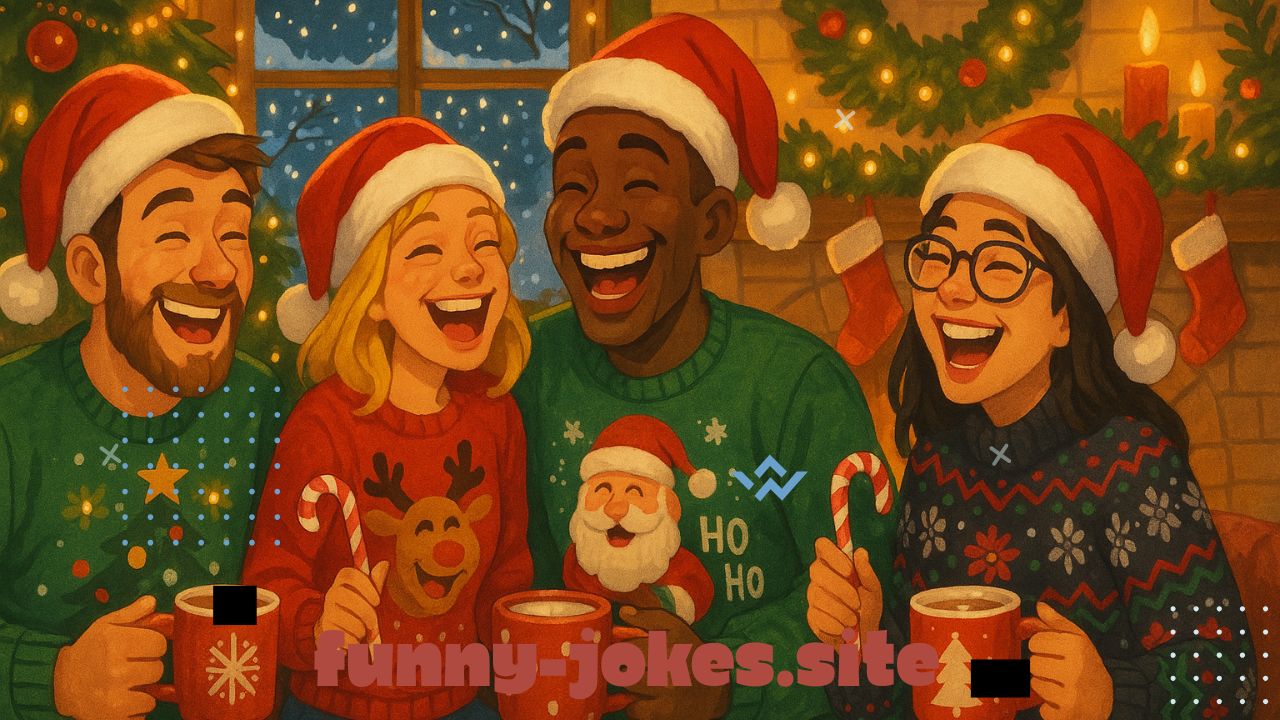 A cozy, festive Christmas scene with friends and family laughing together around a decorated Christmas tree and fireplace. Everyone is wearing Santa hats and ugly Christmas sweaters, holding mugs of hot chocolate or candy canes. Add cheerful holiday details like twinkling lights, wrapped gifts, and snow outside the window. The mood is warm, joyful, and full of laughter — capturing the spirit of holiday humor. Use a bright, colorful, and realistic or semi-cartoon style