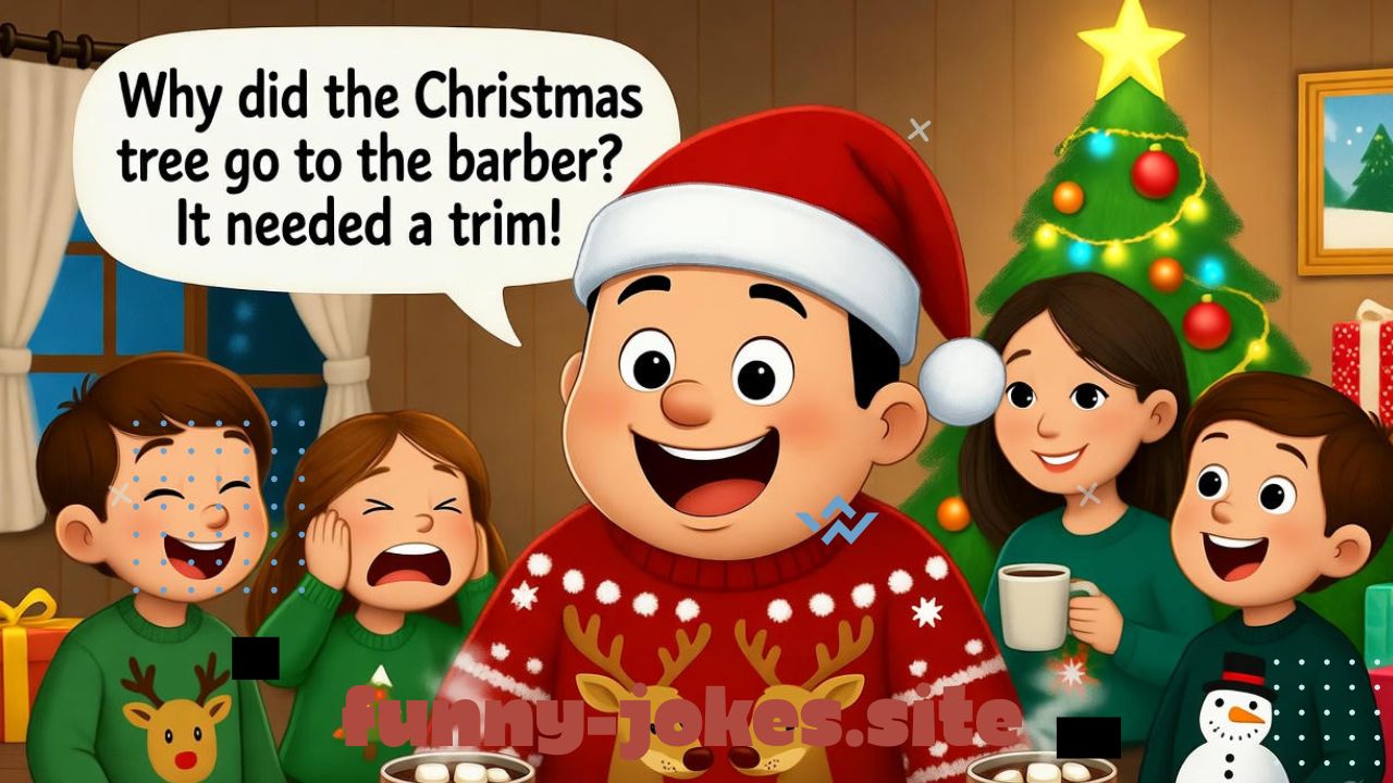 A cozy and funny Christmas scene showing a dad wearing a Santa hat, laughing proudly after telling a cheesy joke while the family groans and giggles around him. Everyone is gathered near a decorated Christmas tree with twinkling lights, presents, and hot cocoa mugs. Add playful details like kids rolling their eyes, mom smiling, and a speech bubble with a classic dad joke. The style should be warm, cartoonish, and full of festive humor — bright colors, cozy lighting, and a joyful, family-friendly mood