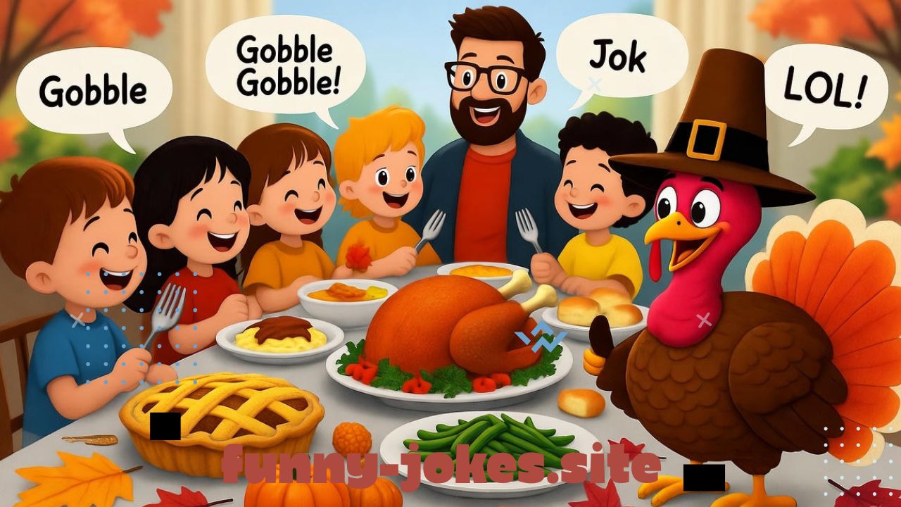 A fun, colorful cartoon-style Thanksgiving scene showing kids laughing around a festive dinner table filled with turkey, pies, and fall decorations. A cheerful dad or teacher is telling a funny Thanksgiving joke while everyone giggles. Add playful details like a cartoon turkey wearing a pilgrim hat, autumn leaves, and speech bubbles with “Gobble Gobble!” and “LOL!” The mood is warm, joyful, and family-friendly — full of Thanksgiving spirit, laughter, and bright fall colors like orange, red, and gold.