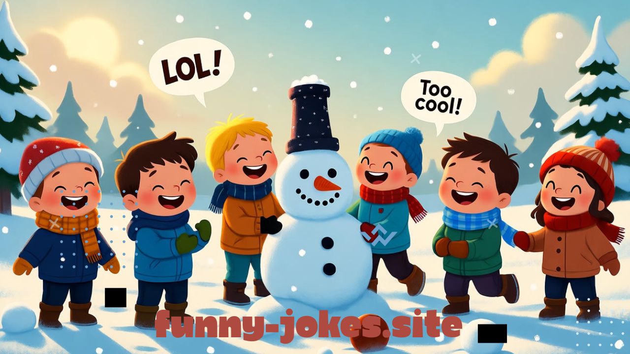 A cheerful, cartoon-style winter scene with kids laughing and playing in the snow — building snowmen, having a snowball fight, and sharing funny jokes. Add playful details like scarves, mittens, and snowflakes falling gently around. Some kids hold speech bubbles with “LOL!” or “Too cool!” while a snowman smiles nearby. The atmosphere is bright, cozy, and full of winter fun — using cool tones like blue and white with splashes of warm colors for a joyful, family-friendly vibe.