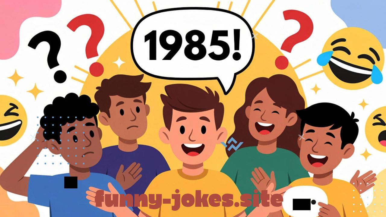 A fun, colorful cartoon-style scene showing a group of friends laughing after hearing a clever joke. One person looks puzzled while another proudly delivers the punchline — “1985!” — in a comic-style speech bubble. The background includes playful elements like question marks, laughing emojis, and bright bursts of color. The mood is energetic, humorous, and lighthearted — perfect for highlighting a funny trick question. Use a modern cartoon or semi-flat style with bold, cheerful colors and expressive faces.