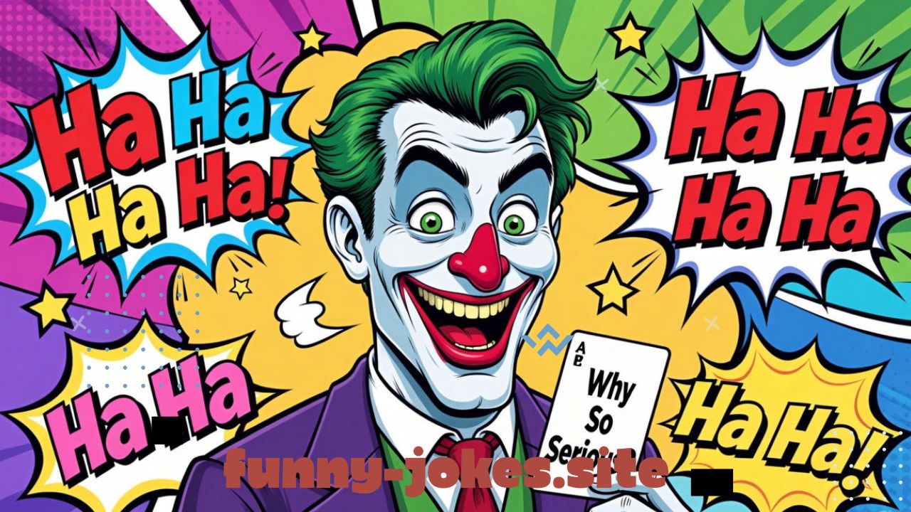 A fun, lighthearted cartoon-style version of the Joker laughing playfully instead of menacingly, surrounded by colorful comic-style “Ha Ha Ha” text bubbles. He’s holding a joke card or a balloon that says “Why So Serious?” while smiling in a friendly, funny way. The background is bright and comic-inspired, with lively colors like purple, green, and yellow. The mood is humorous, energetic, and mischievously fun — capturing the joke’s playful side rather than its dark tone.