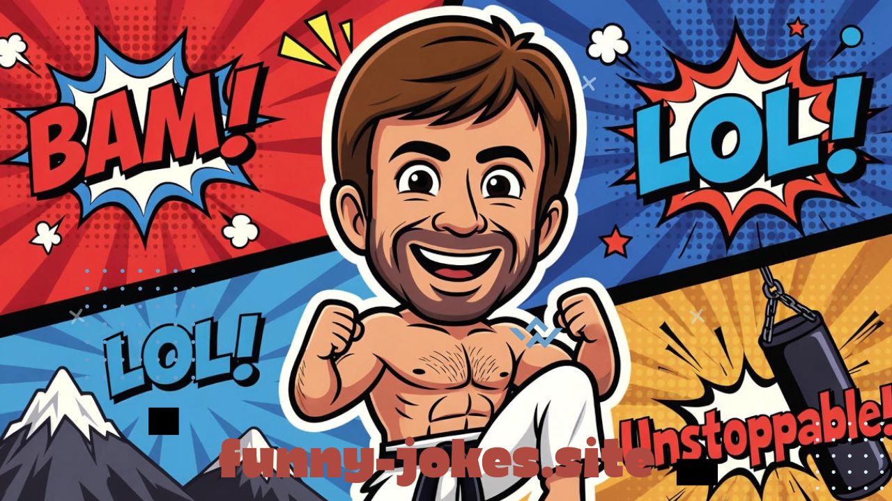 A dynamic, comic-book style illustration of a cheerful, heroic Chuck Norris doing a karate kick or striking a strong pose with a confident grin. Around him, fun comic effects like “BAM!”, “LOL!”, and “Unstoppable!” pop out in bright colors. Add playful elements like mountains, a broken punching bag, or stars to show his legendary toughness. The mood is bold, funny, and action-packed — full of energy and humor. Use vivid colors like red, blue, and gold in a modern cartoon or comic style.