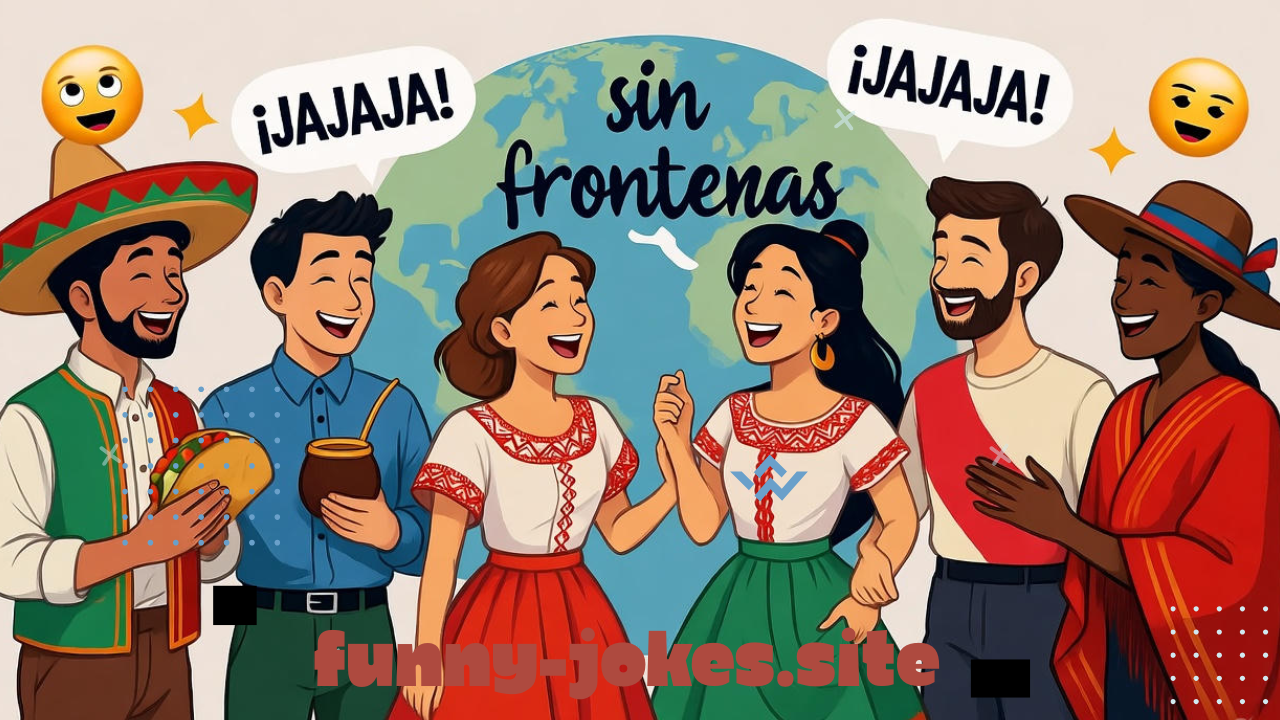 A colorful, international-themed cartoon illustration showing people from different Spanish-speaking countries laughing together. Include friendly characters wearing diverse cultural outfits (like a Mexican sombrero, Argentine mate cup, Spanish fan, Colombian hat, etc.) sharing jokes and smiling. Add floating “¡JAJAJA!” and “🤣” emojis, along with a globe or map in the background symbolizing “sin fronteras.” Use bright, joyful colors — yellows, blues, reds — to create a warm and inclusive atmosphere full of laughter and connection.