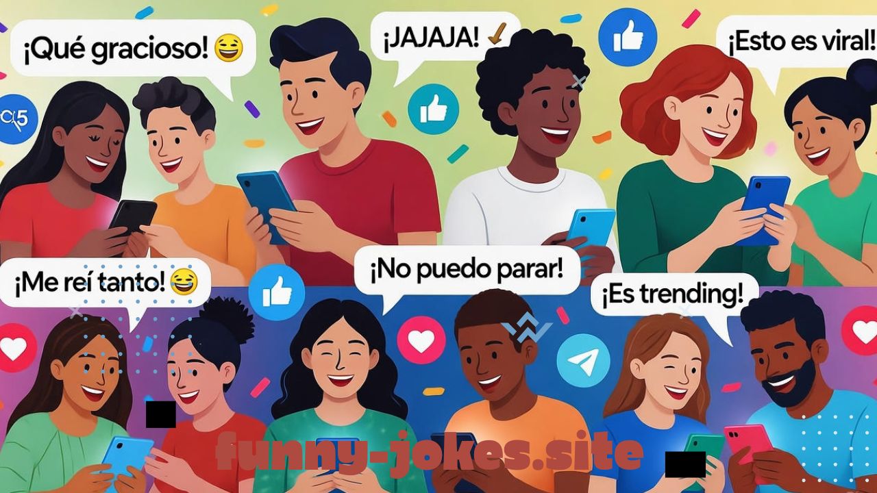A colorful, modern cartoon-style illustration showing people laughing together while looking at their phones and tablets — symbolizing viral jokes in 2026. Add fun visual elements like floating “😂,” “🔥,” “¡JAJAJA!,” and social media icons (like hearts, likes, and share symbols). The background should be bright and dynamic with neon accents, confetti, and speech bubbles showing snippets of short Spanish jokes. The overall vibe should feel trendy, digital, and full of contagious laughter — perfect for a 2026 humor theme.