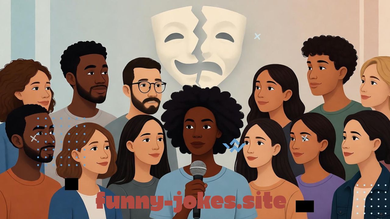 A thoughtful illustration showing diverse people of different races and backgrounds standing together, promoting unity and empathy. One person could be speaking into a microphone with a serious but calm expression, while others listen thoughtfully — symbolizing an open conversation about respect and harm. In the background, a faded comedy mask or broken speech bubble represents the damage caused by racist jokes. Use soft, neutral tones (light blues, beige, and muted colors) to create a calm, reflective, and inclusive atmosphere.