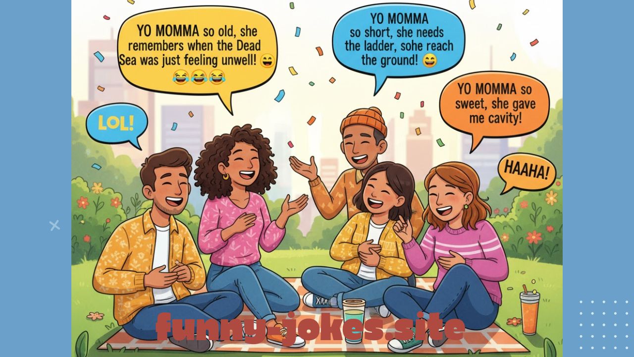 A fun, colorful, and lively scene showing a group of friends laughing together while sharing funny “Yo Momma” jokes. The setting is casual — maybe a park, living room, or schoolyard — filled with cheerful expressions, playful energy, and a lighthearted mood. Use comic-style speech bubbles with laughing emojis or “LOL” text to emphasize humor. Bright colors, joyful atmosphere, and a modern cartoon or semi-realistic style to capture the fun and laughter.